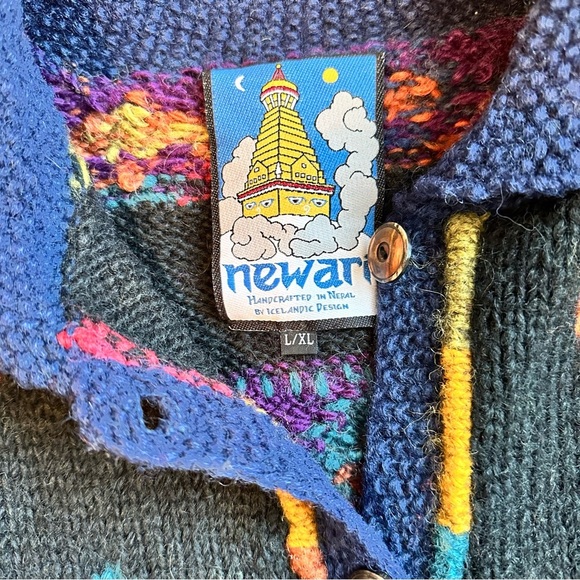 Vintage Newari Colorful Diamond 100% Wool Sweater Jacket Made in Nepal Size L/XL - Picture 3 of 9